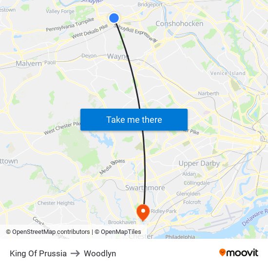 King Of Prussia to Woodlyn map