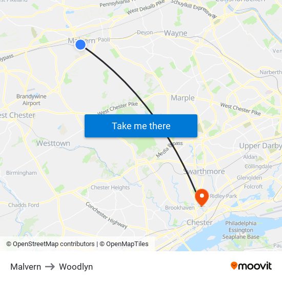 Malvern to Woodlyn map