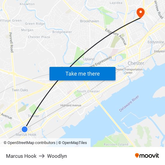Marcus Hook to Woodlyn map