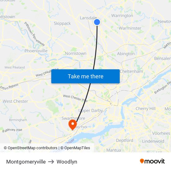 Montgomeryville to Woodlyn map