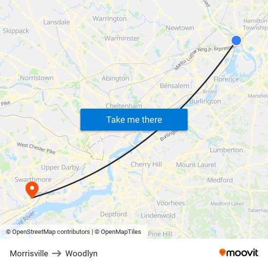 Morrisville to Woodlyn map