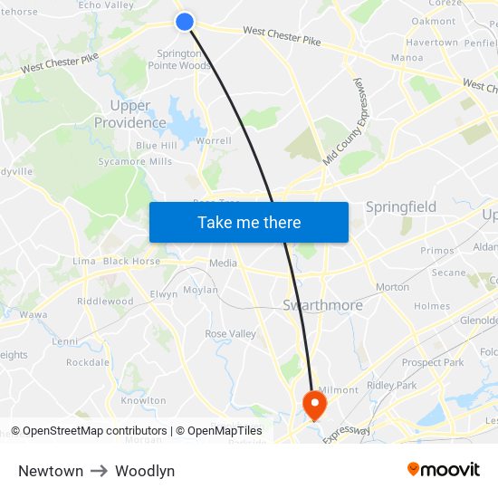 Newtown to Woodlyn map