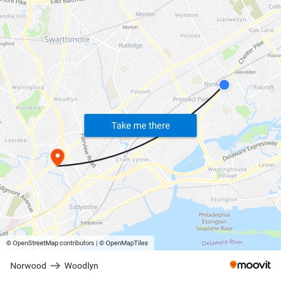 Norwood to Woodlyn map