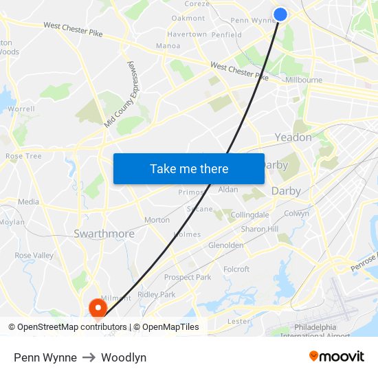 Penn Wynne to Woodlyn map