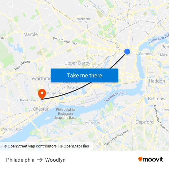 Philadelphia to Woodlyn map