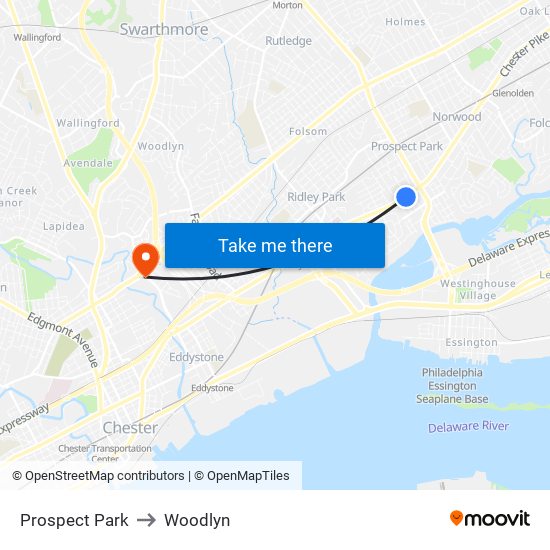 Prospect Park to Woodlyn map