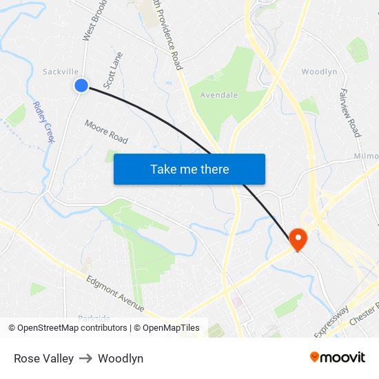 Rose Valley to Woodlyn map