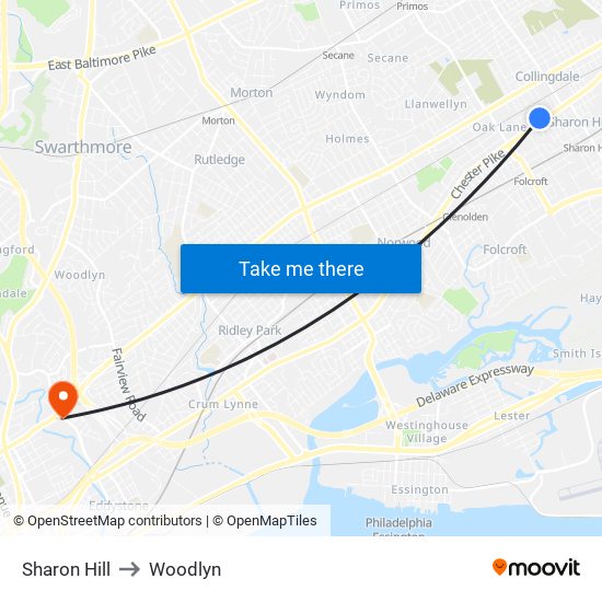 Sharon Hill to Woodlyn map