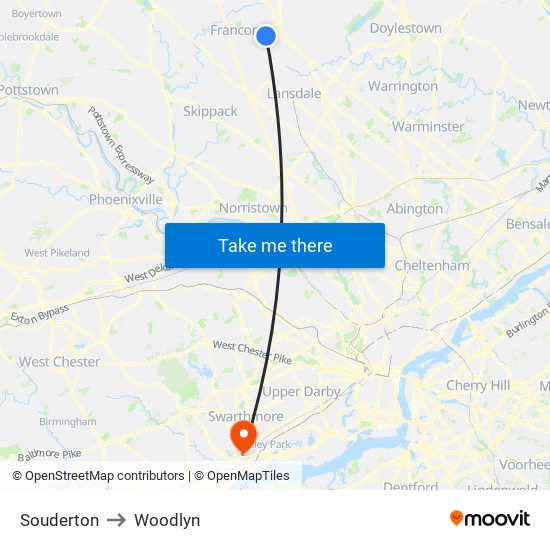 Souderton to Woodlyn map