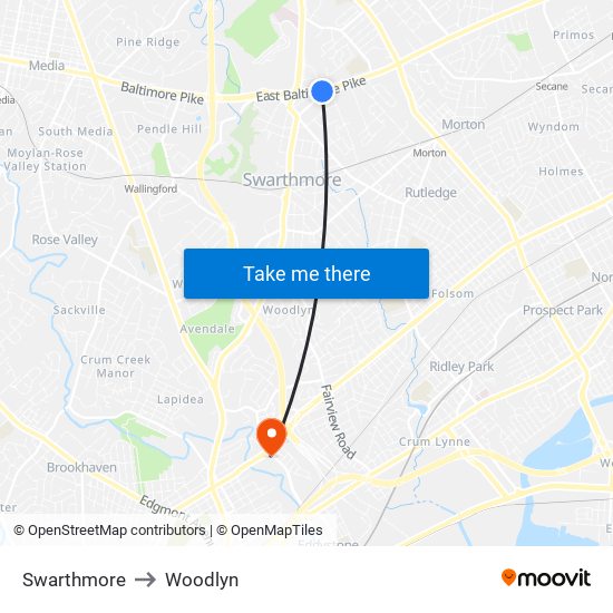 Swarthmore to Woodlyn map