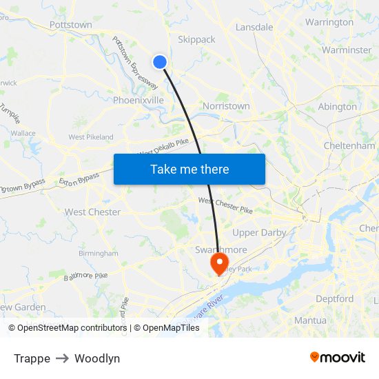 Trappe to Woodlyn map