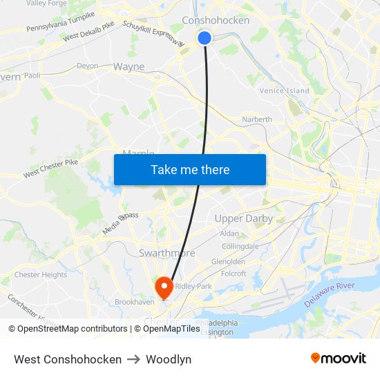 West Conshohocken to Woodlyn map