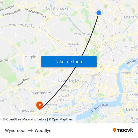Wyndmoor to Woodlyn map