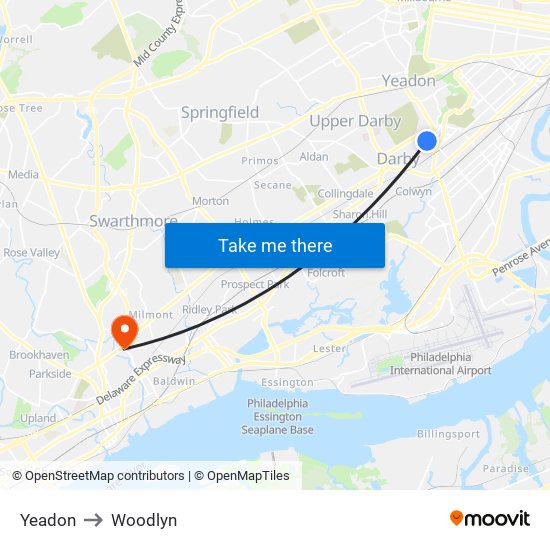 Yeadon to Woodlyn map