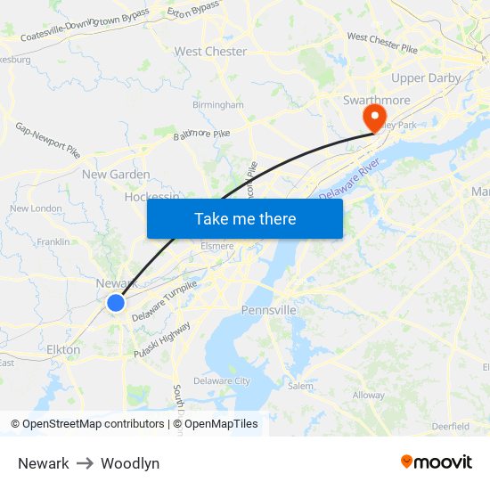 Newark to Woodlyn map