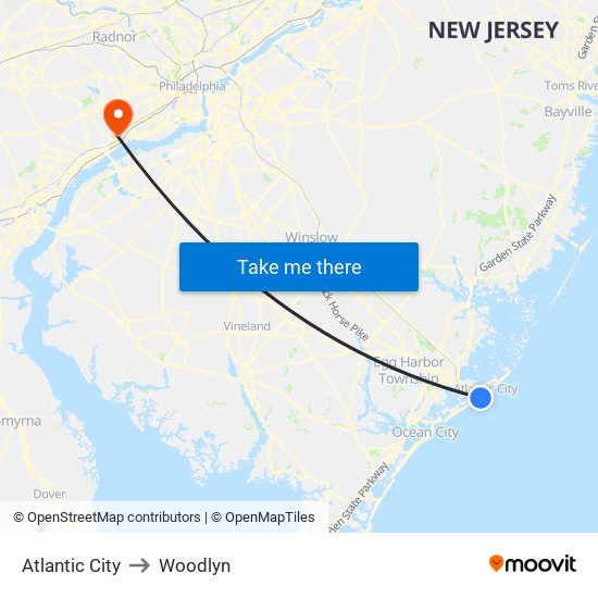 Atlantic City to Woodlyn map