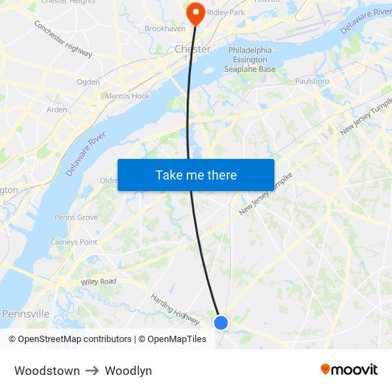 Woodstown to Woodlyn map