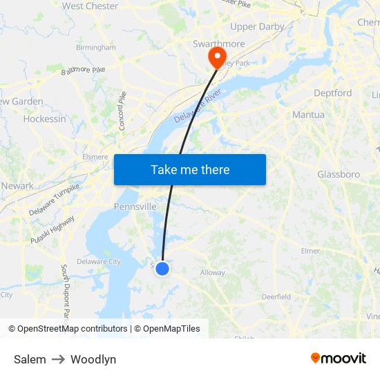 Salem to Woodlyn map