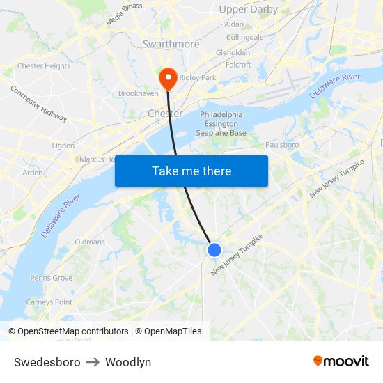 Swedesboro to Woodlyn map