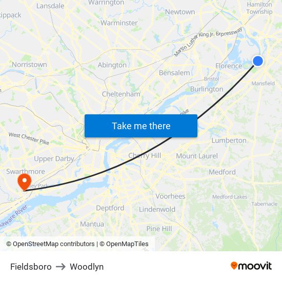 Fieldsboro to Woodlyn map