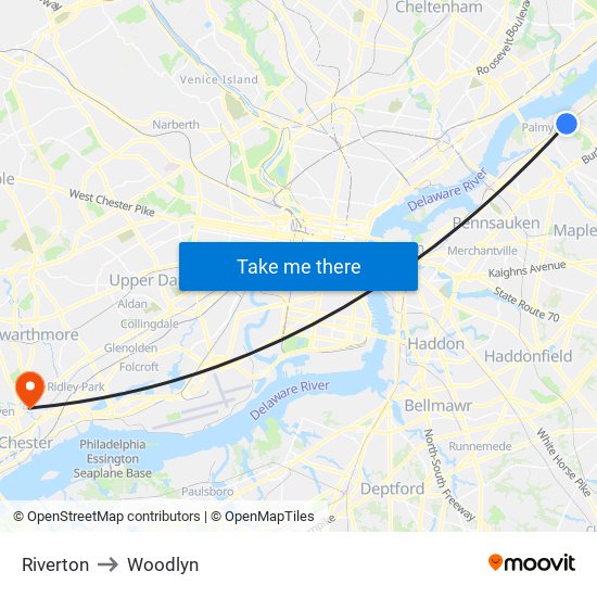 Riverton to Woodlyn map