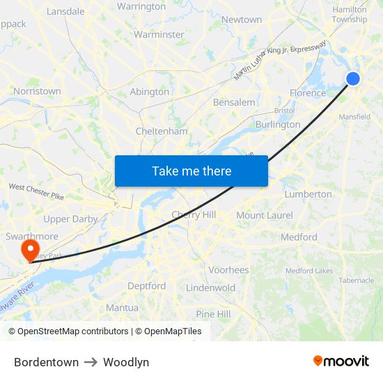 Bordentown to Woodlyn map