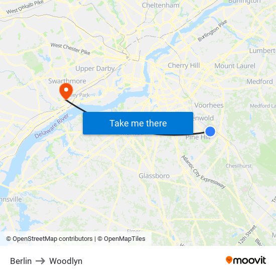Berlin to Woodlyn map
