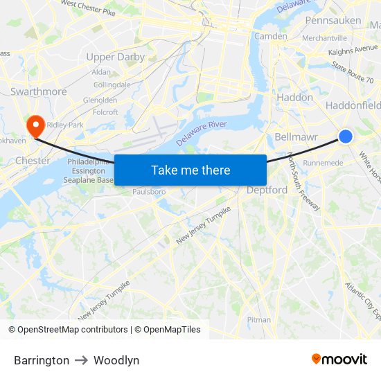 Barrington to Woodlyn map