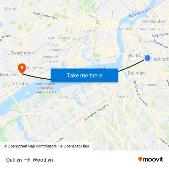 Oaklyn to Woodlyn map