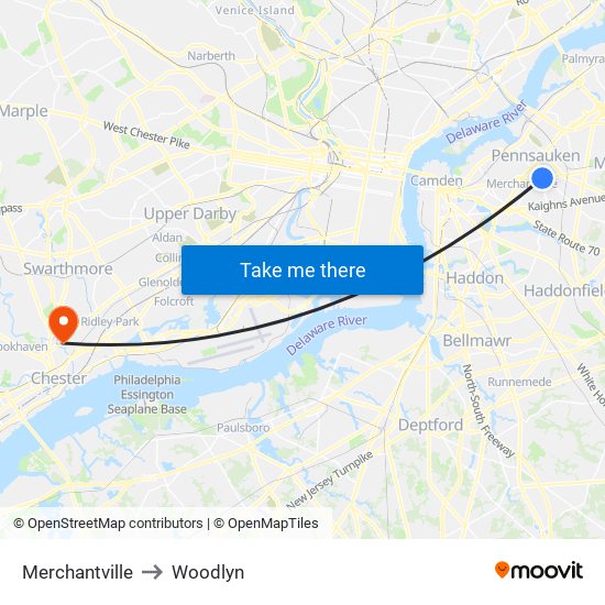 Merchantville to Woodlyn map