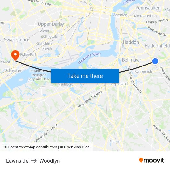 Lawnside to Woodlyn map