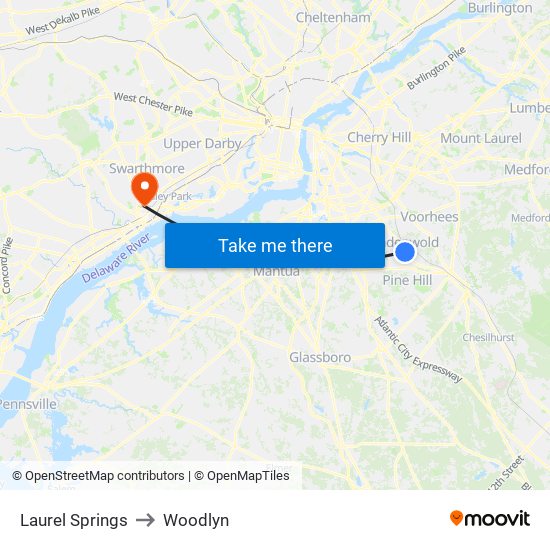 Laurel Springs to Woodlyn map