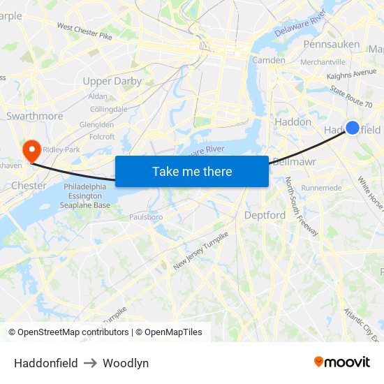 Haddonfield to Woodlyn map