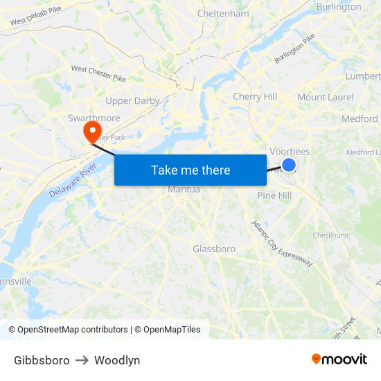 Gibbsboro to Woodlyn map