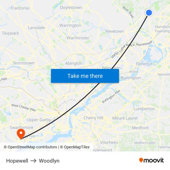 Hopewell to Woodlyn map