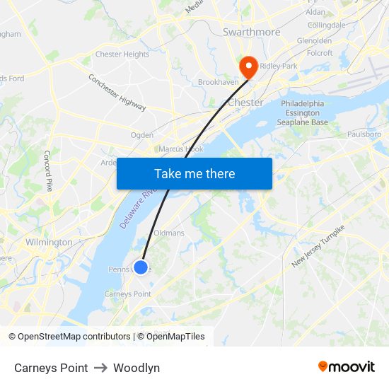 Carneys Point to Woodlyn map