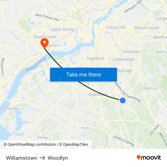 Williamstown to Woodlyn map