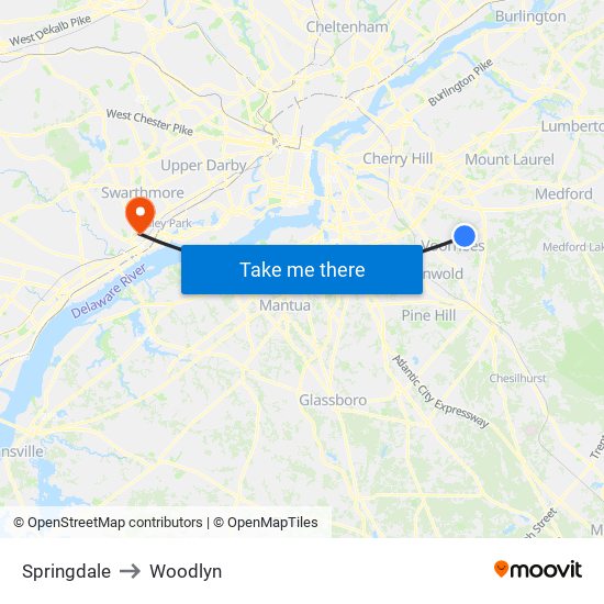 Springdale to Woodlyn map