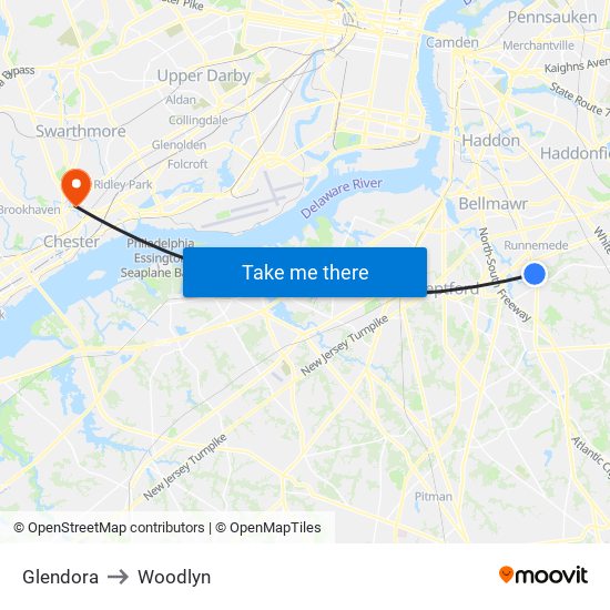 Glendora to Woodlyn map
