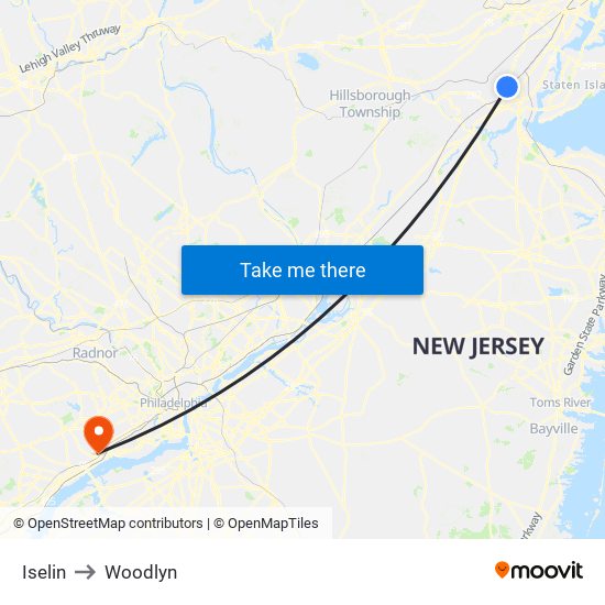 Iselin to Woodlyn map