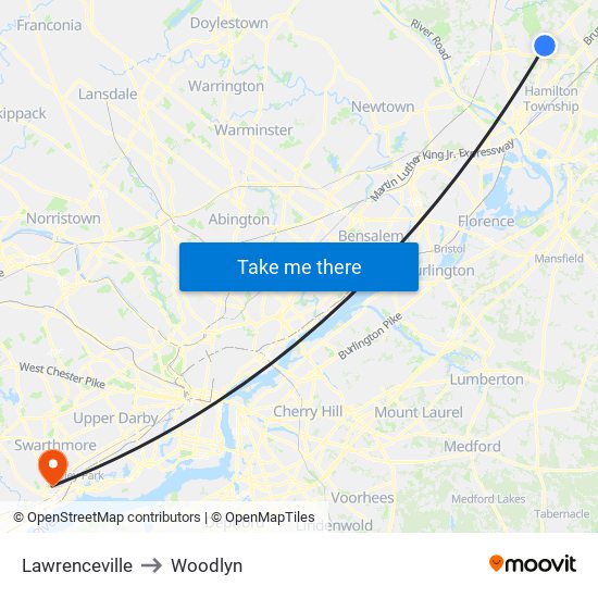 Lawrenceville to Woodlyn map