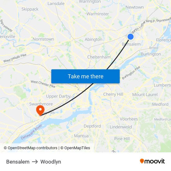 Bensalem to Woodlyn map