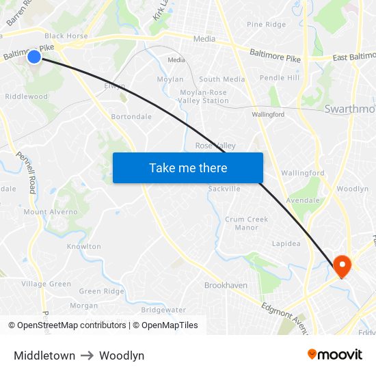 Middletown to Woodlyn map