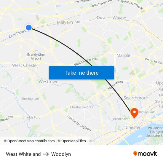 West Whiteland to Woodlyn map