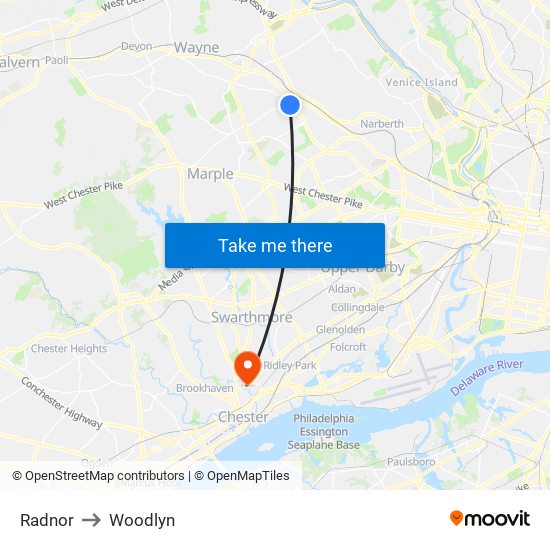 Radnor to Woodlyn map