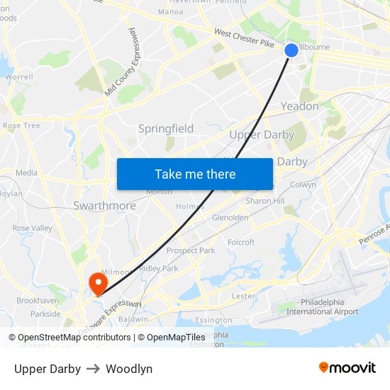 Upper Darby to Woodlyn map