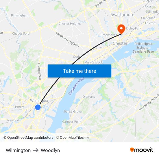 Wilmington to Woodlyn map