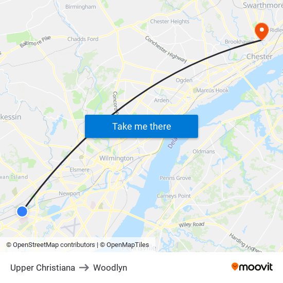 Upper Christiana to Woodlyn map