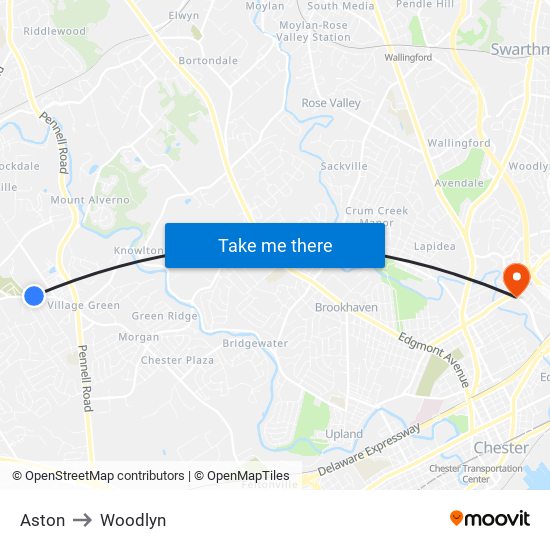 Aston to Woodlyn map