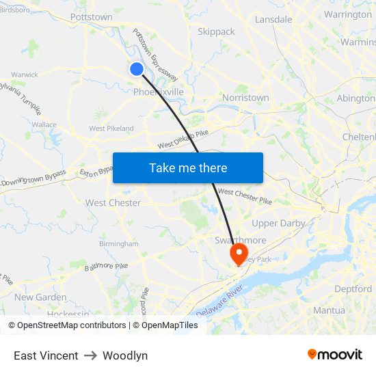 East Vincent to Woodlyn map